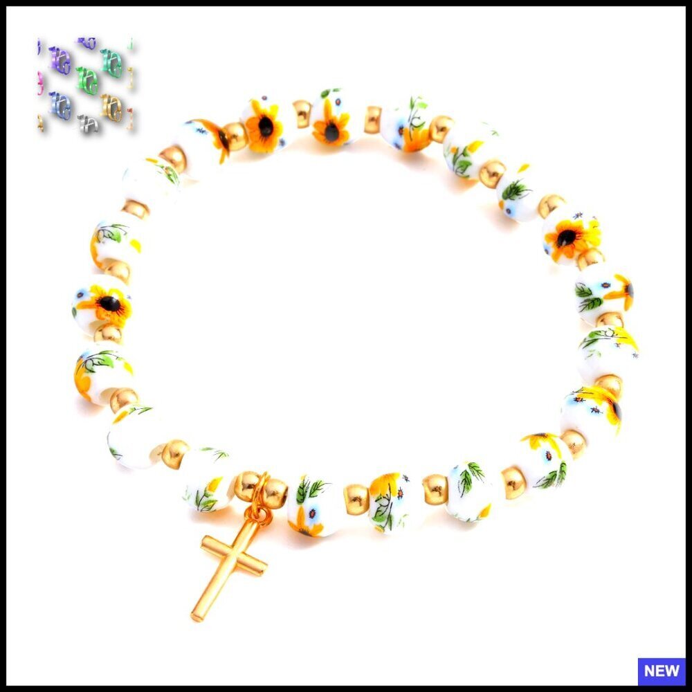 Floral Beaded Stretch Bracelet with Cross Charm Elegant Religious Jewelry